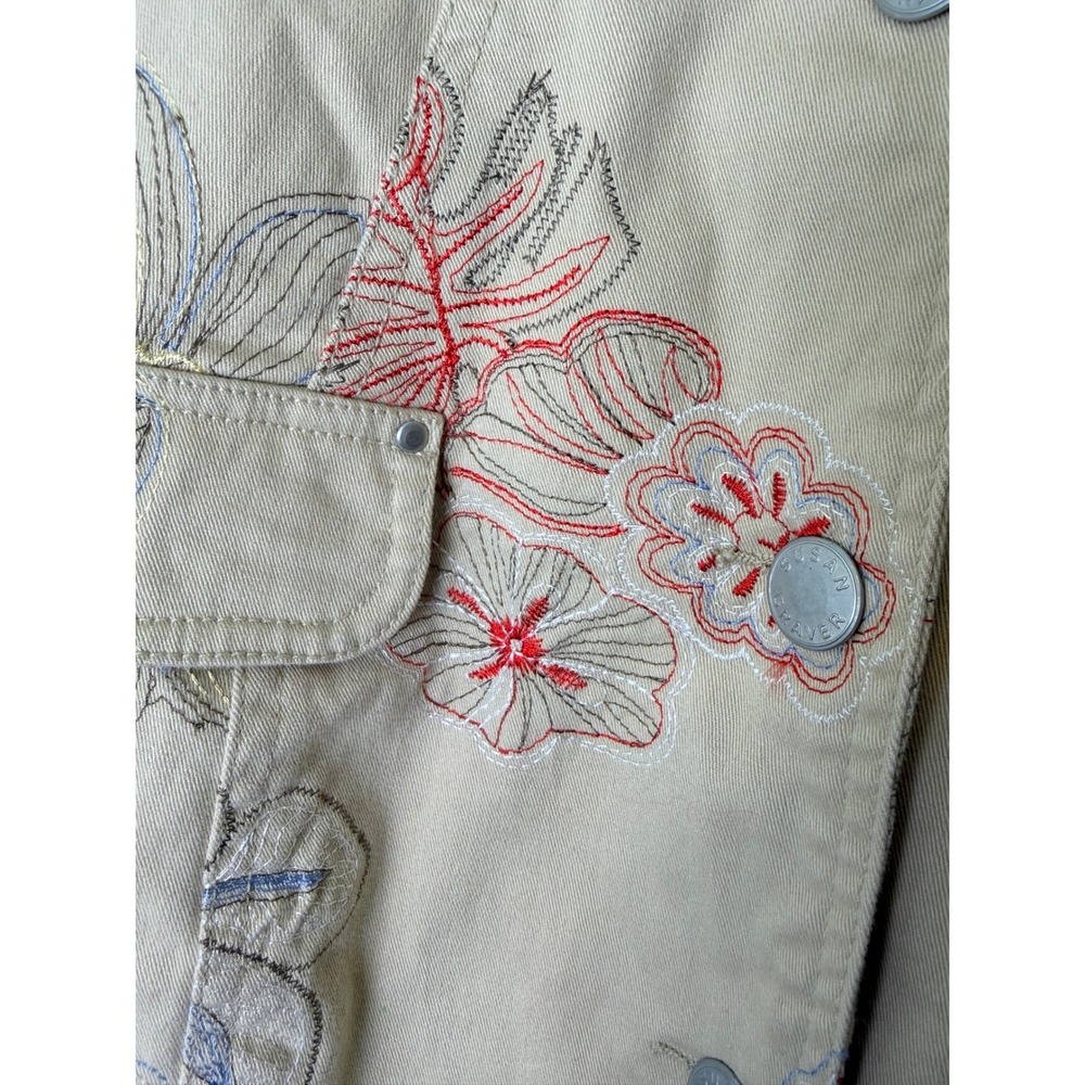 Susan Graver 1X Tan Floral Embroidered Jacket Cotton Blend Utility Plus Size - Picture 8 of 9